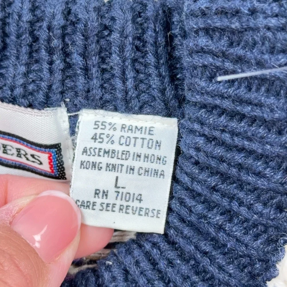Vintage Grandpa Sweater Men Large Blue Geometric Heavy Knit Crewneck Cotton 90s